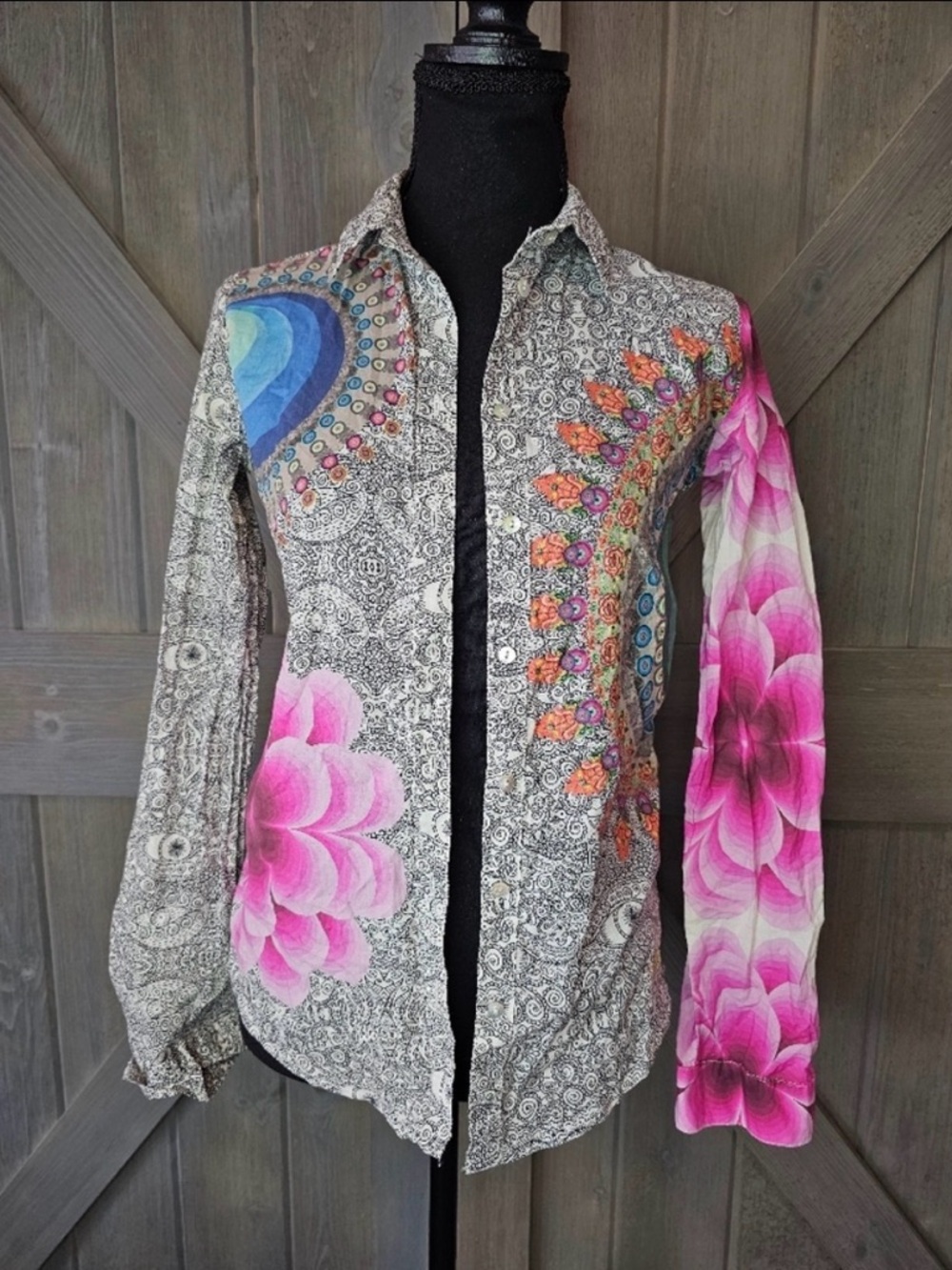 Desigual Button-Down Shirt in Pink, Blue, Orange and Gray